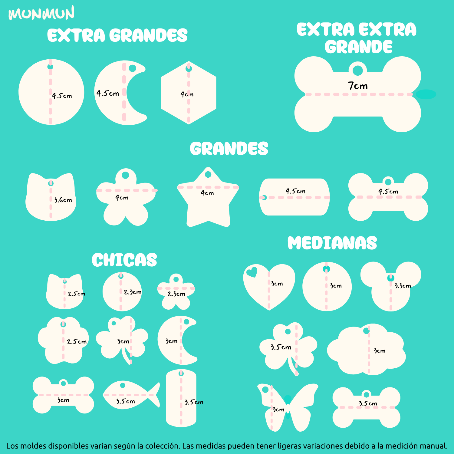 Guía de tallas de moldes para placas de perros, dividida en categorías: chica, mediana, grande y extra grande, con medidas detalladas para cada tamaño.