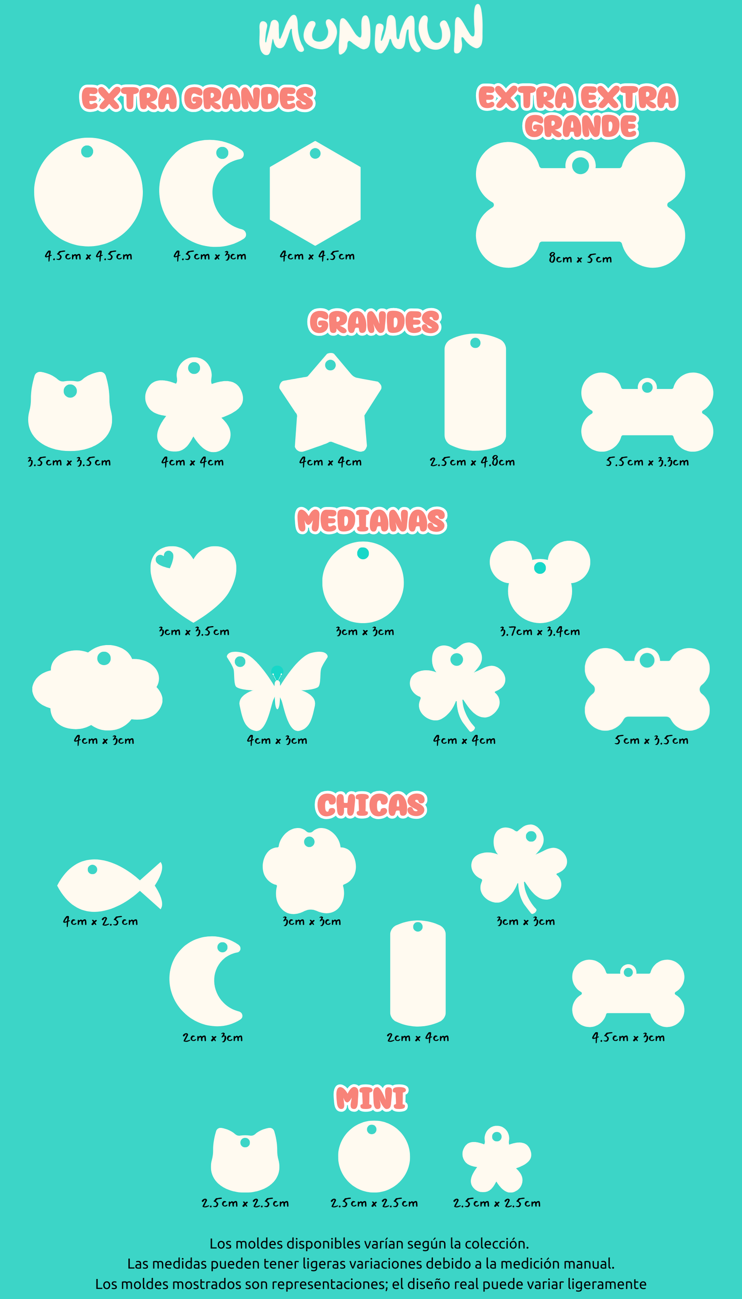 Guía de tallas de moldes para placas de perros, dividida en categorías: chica, mediana, grande y extra grande, con medidas detalladas para cada tamaño.