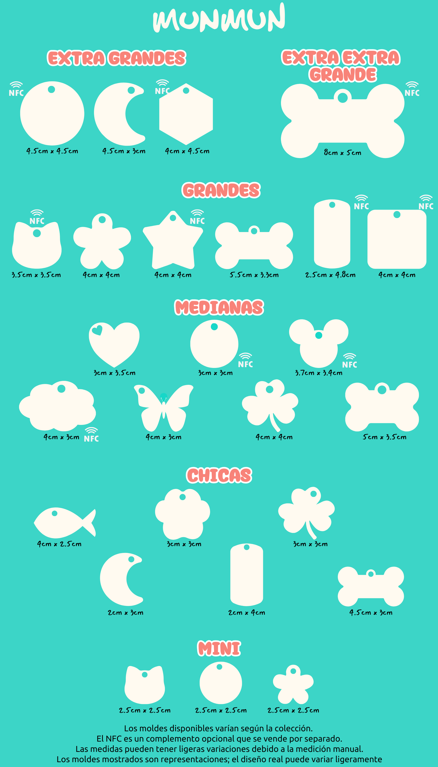 Guía de tallas de moldes para placas de perros, dividida en categorías: chica, mediana, grande y extra grande, con medidas detalladas para cada tamaño.