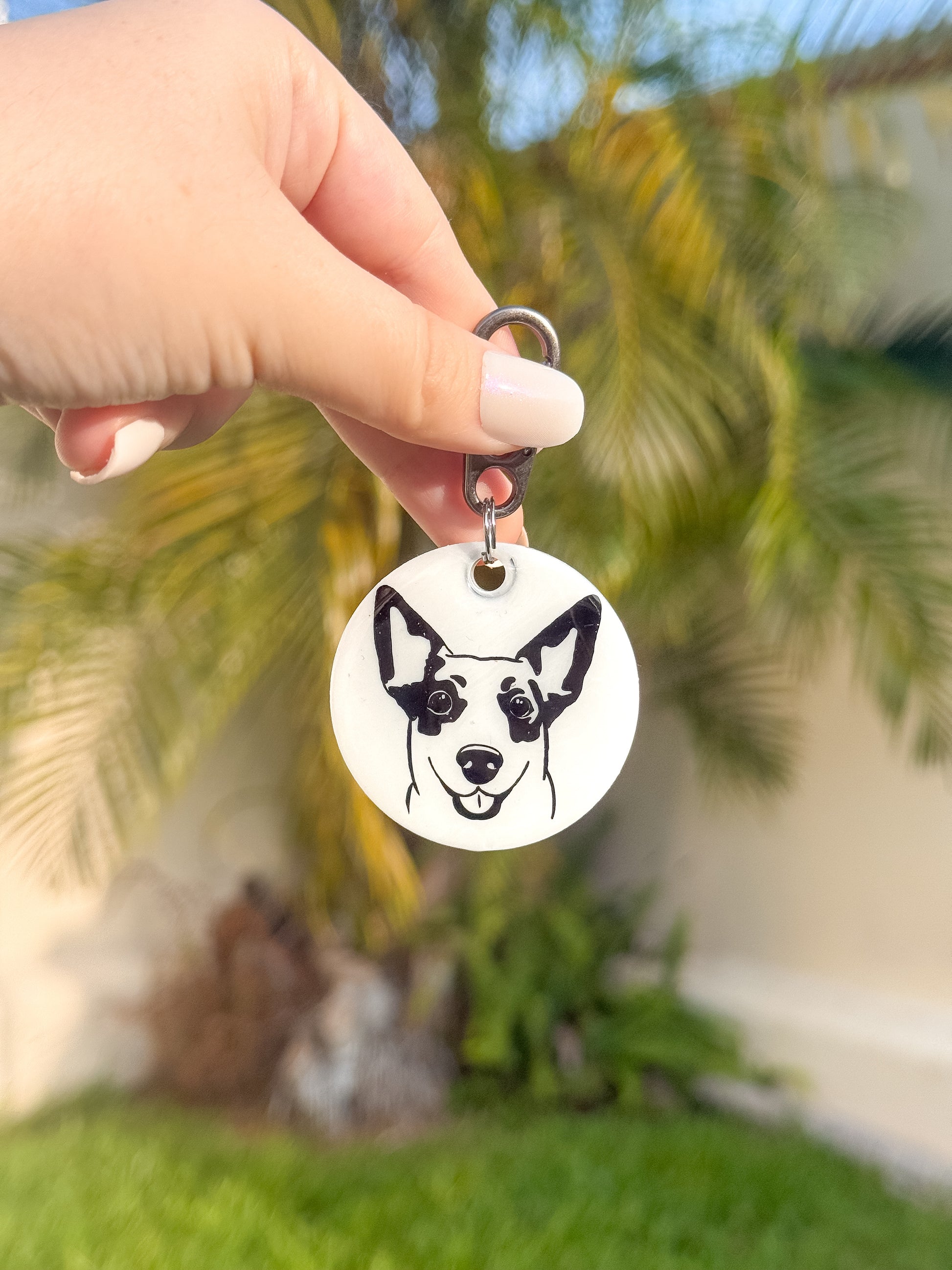 Placa redonda blanca con ilustración de perro tipo Heeler, estilo moderno y monocromático.