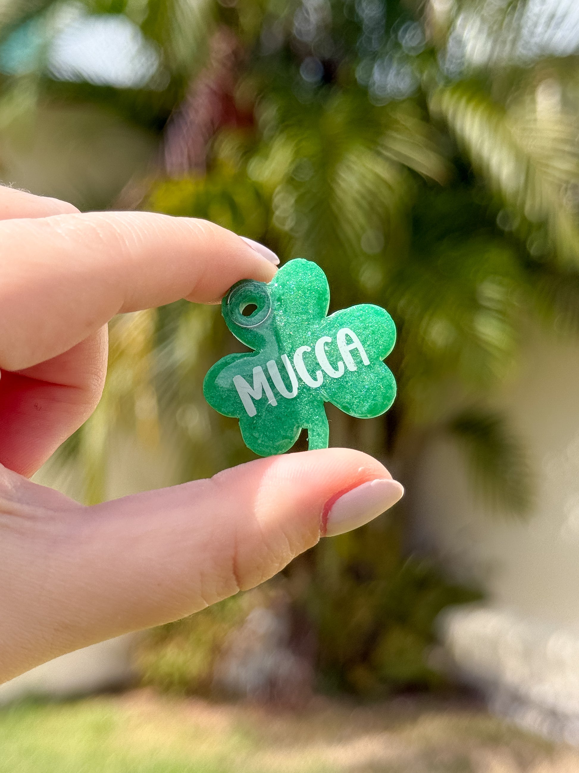 Placa verde en forma de trébol con nombre Mucca. Ideal para mascotas con estilo único