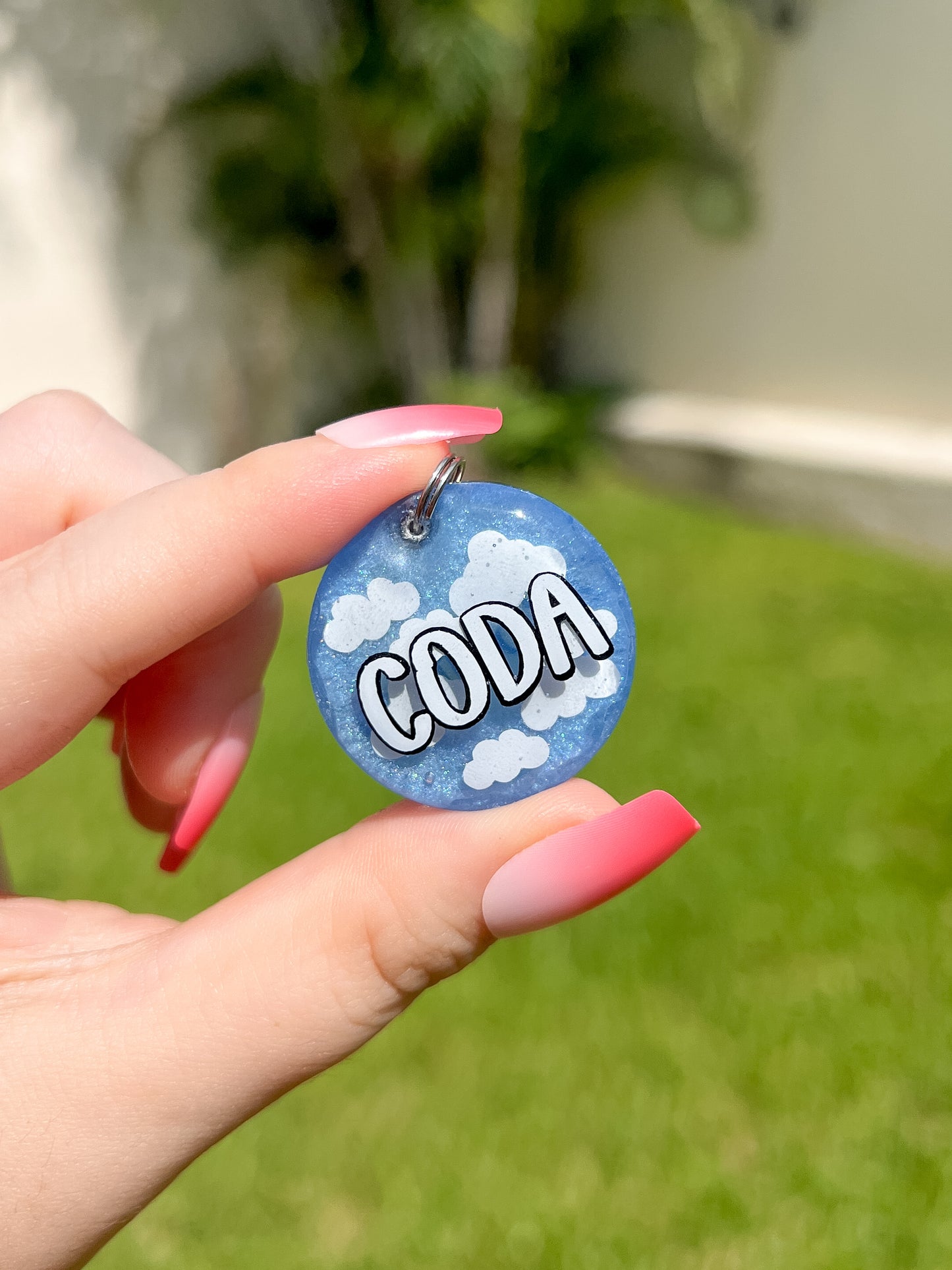 Placa redonda azul con nombre “Coda” diseño tipo cielo y nubes, perfecta para perros modernos