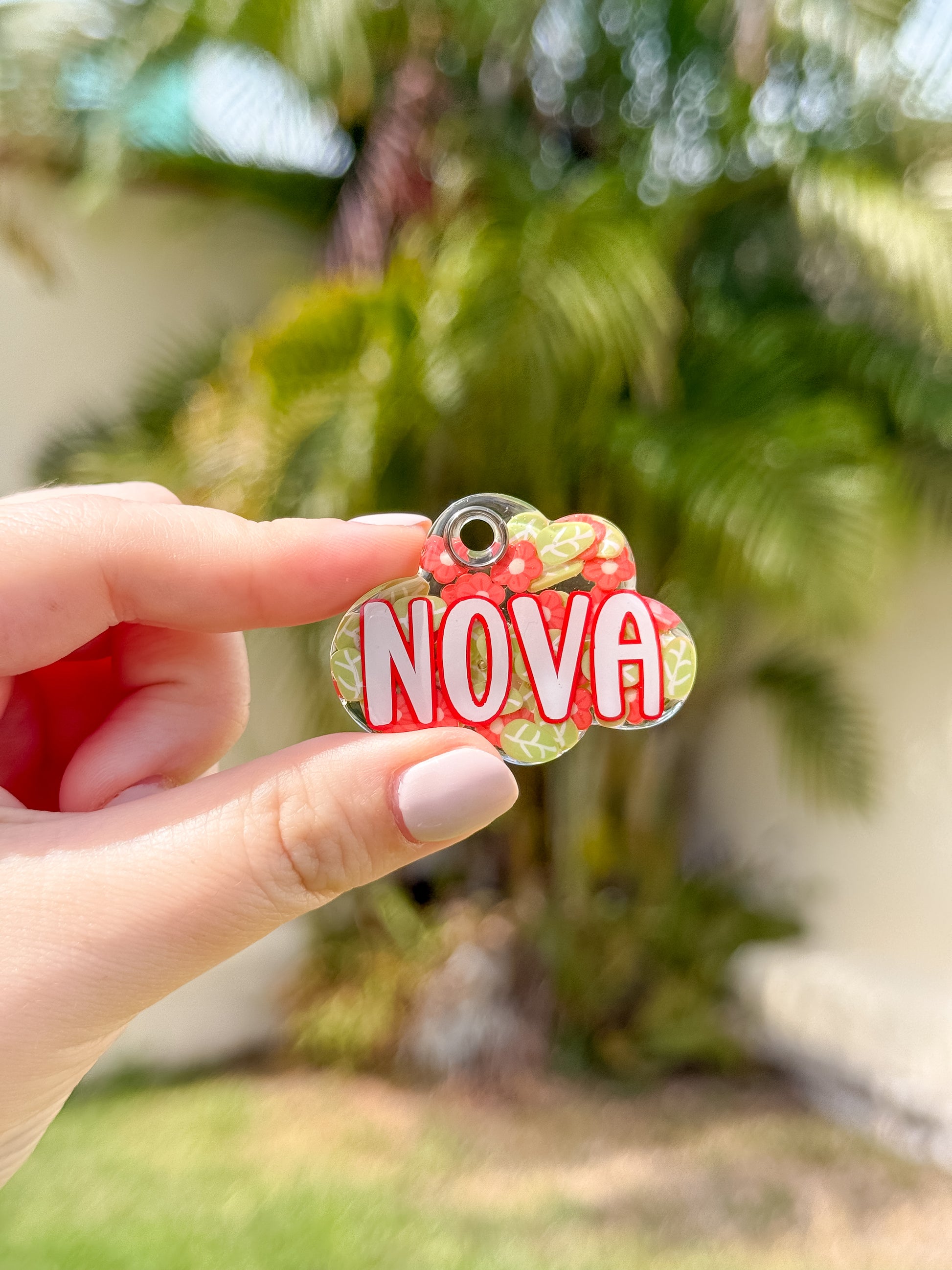 Placa de nube con estampado floral coral y nombre Nova. Diseño alegre para mascotas.