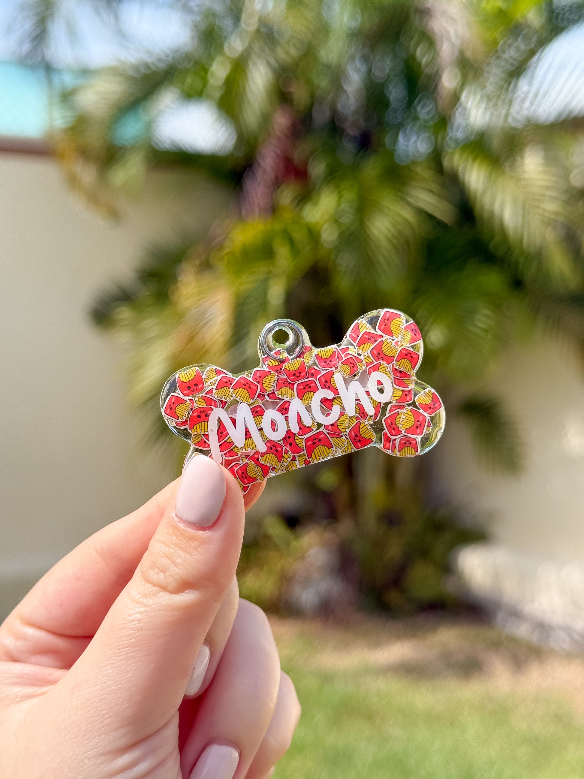 Placa en forma de hueso con patrón fries y nombre Moncho. Estilo alegre y colorido.