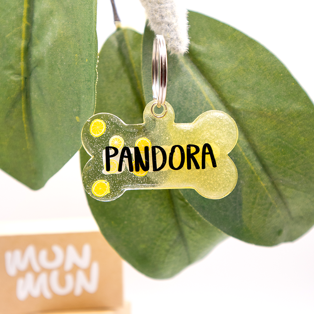 Placa amarilla con limones y nombre Pandora. Placa personalizada brillante.