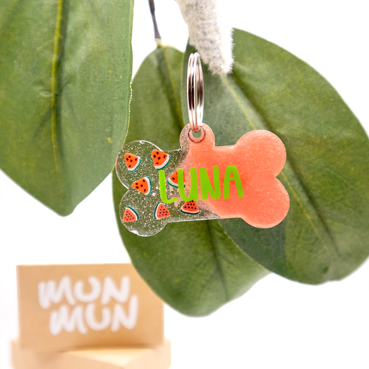 Placa huesito con sandia rosa y nombre Luna. Diseño brillante para mascotas juguetonas.
