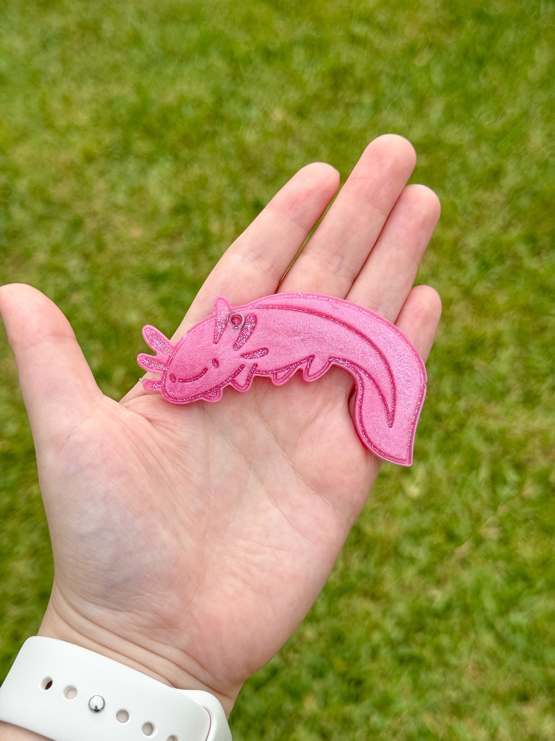 Placa rosa personalizada en forma de ajolote. Diseño divertido y original para perros.