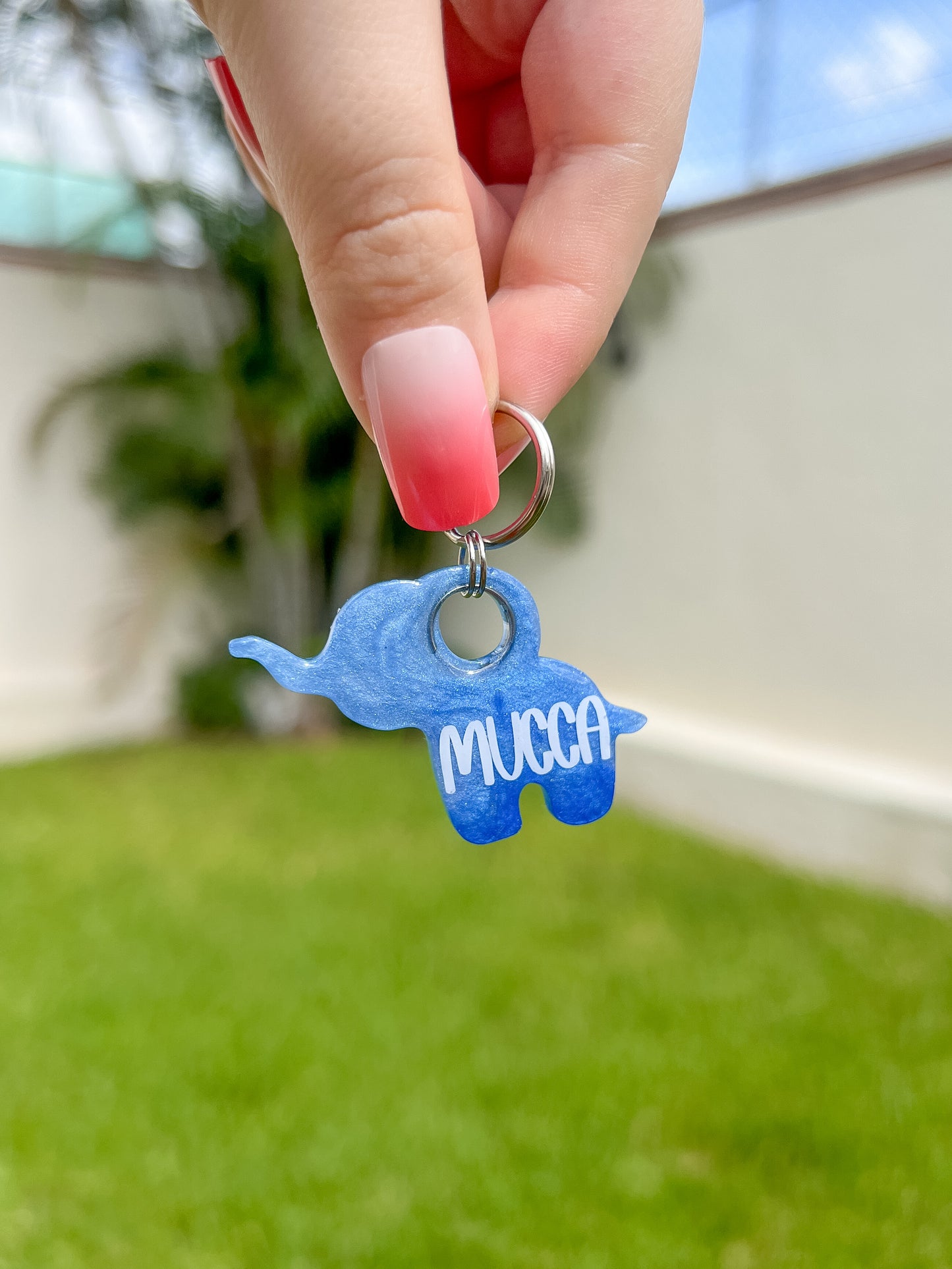 Placa azul en forma de elefante con nombre Mucca. Diseño divertido para mascotas.