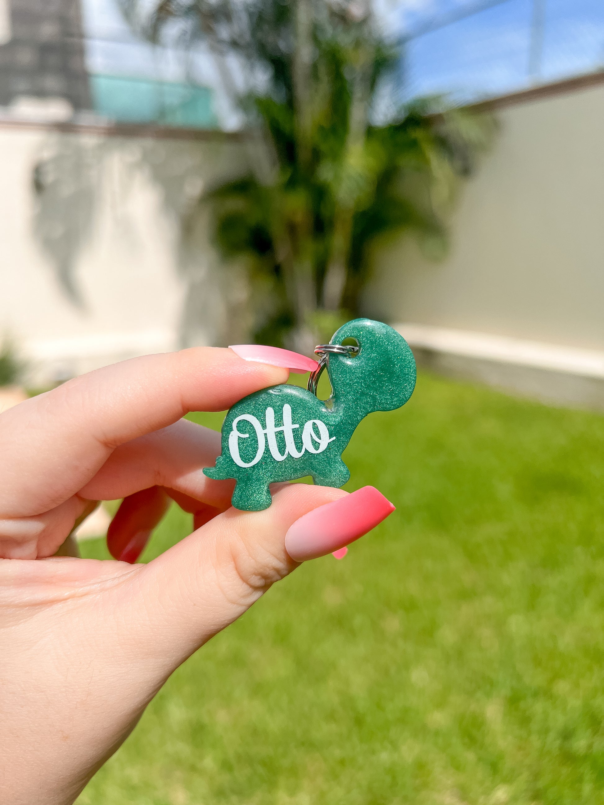 Placa verde en forma de tortuga con nombre Otto. Diseño tierno para mascotas.