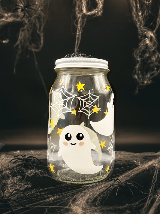 Frasco temático de Halloween con diseño de fantasma. Decoración divertida para mascotas.