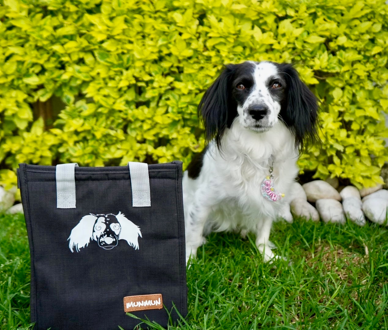 Perro posando junto a bolsa negra con diseño vinil de cara de perro. lonchera personalizada de Munmun