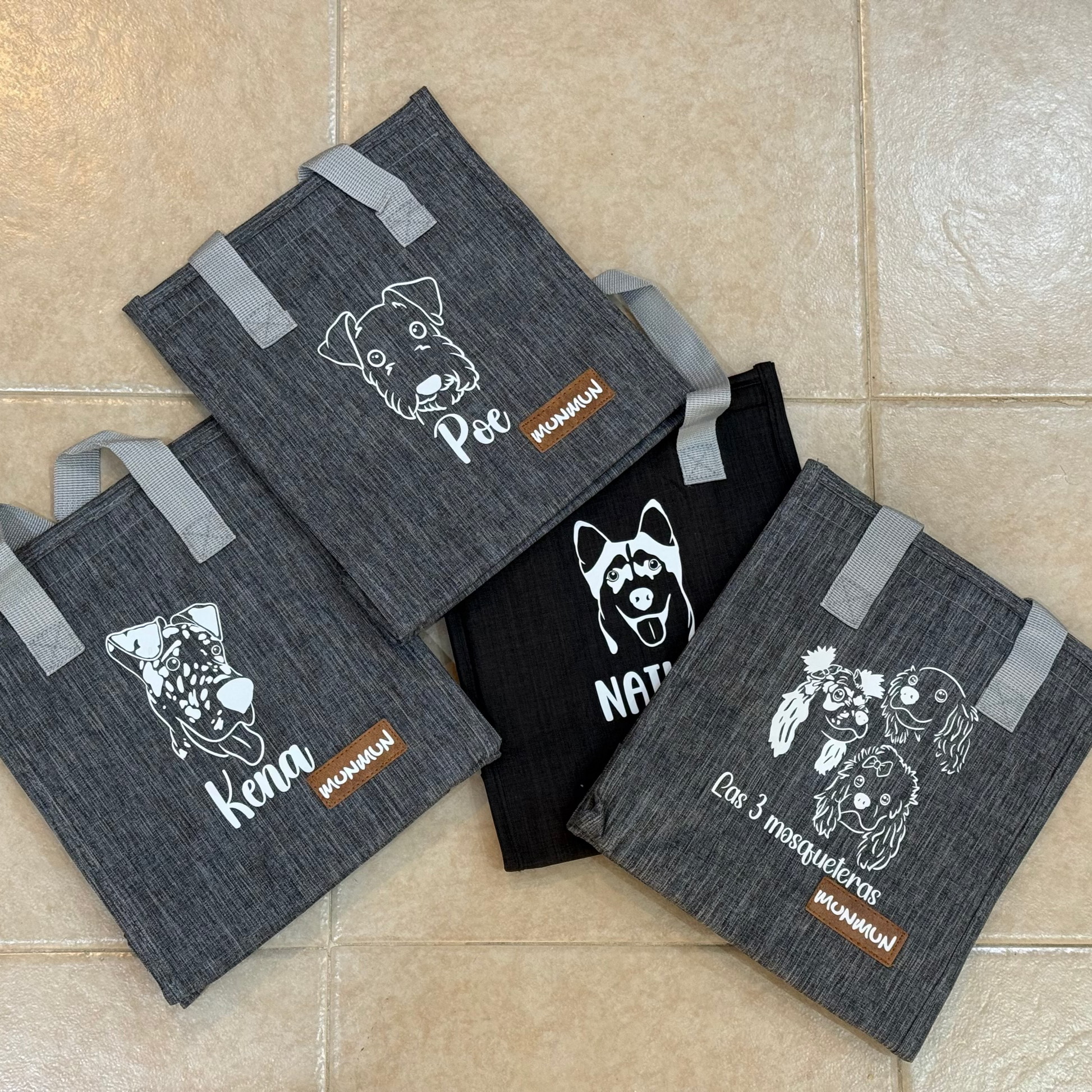 Set de bolsas negras personalizadas con ilustraciones de mascotas. Bolsa lonchera reutilizable estilo Munmun.