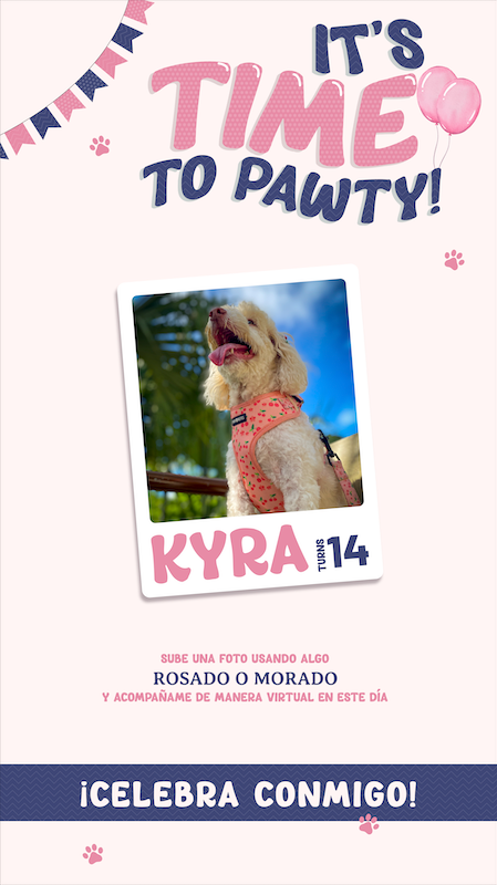 Invitación digital con foto y nombre Kyra. Diseño alegre para celebrar cumpleaños perruno.
