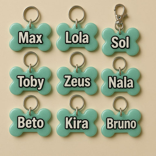 Placas verdes con nombres y aro metálico. Accesorio funcional y decorativo para mascotas.