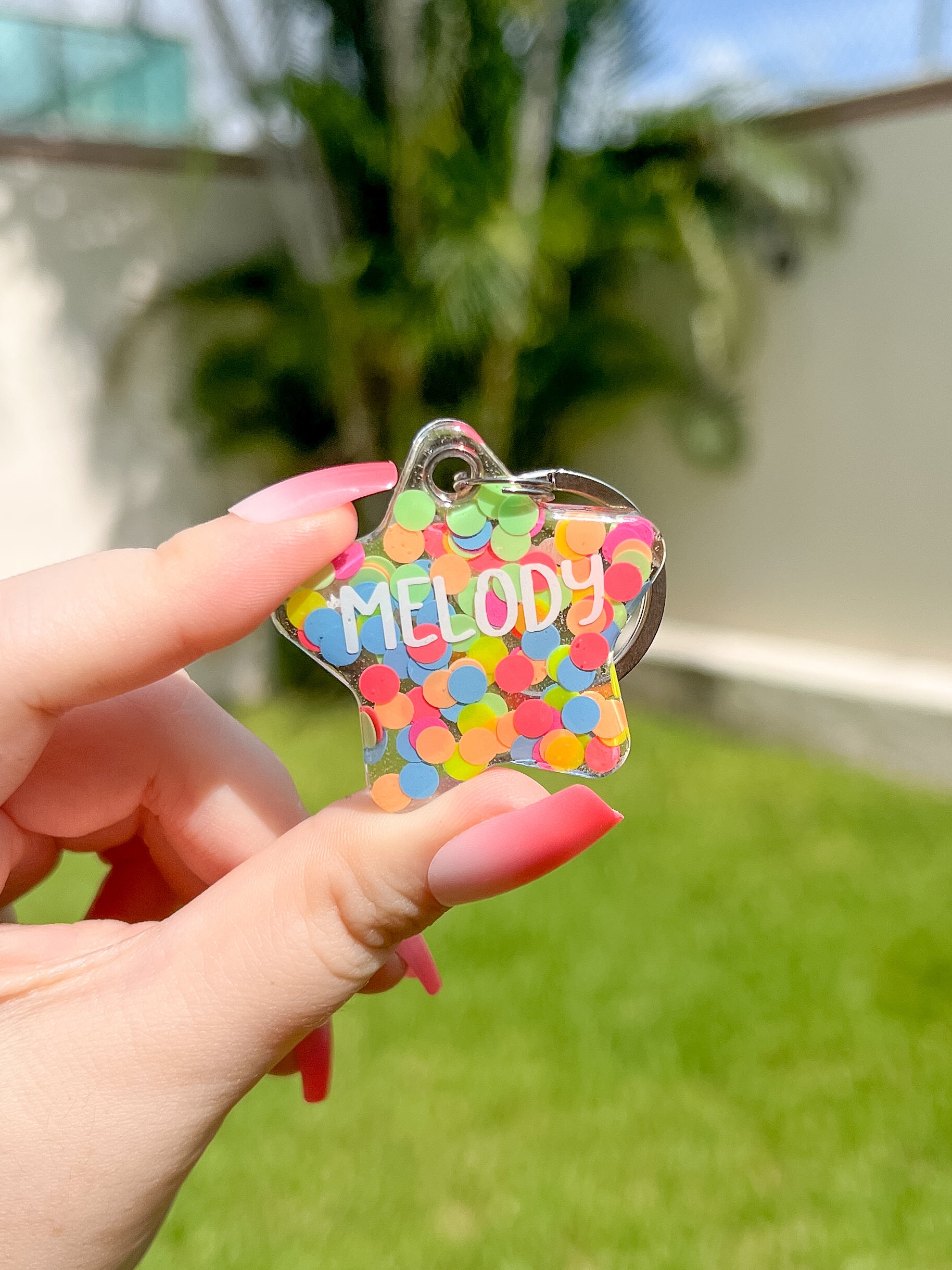 Placa en forma de estrella con fondo de colores y nombre Melody. Diseño divertido para mascotas alegres