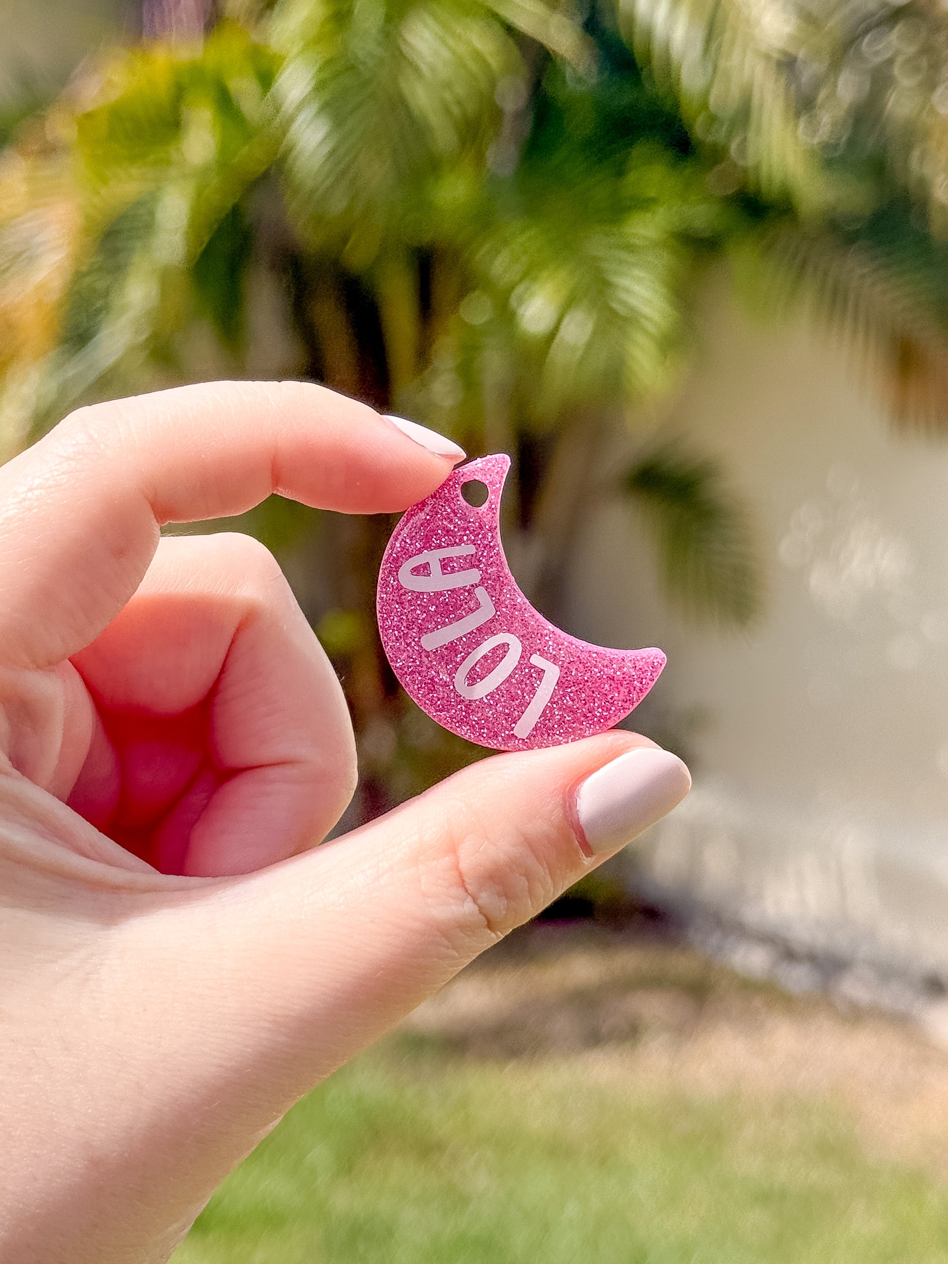 Placa rosada con glitter en forma de luna con nombre Lola. Placa creativa personalizada para perro.