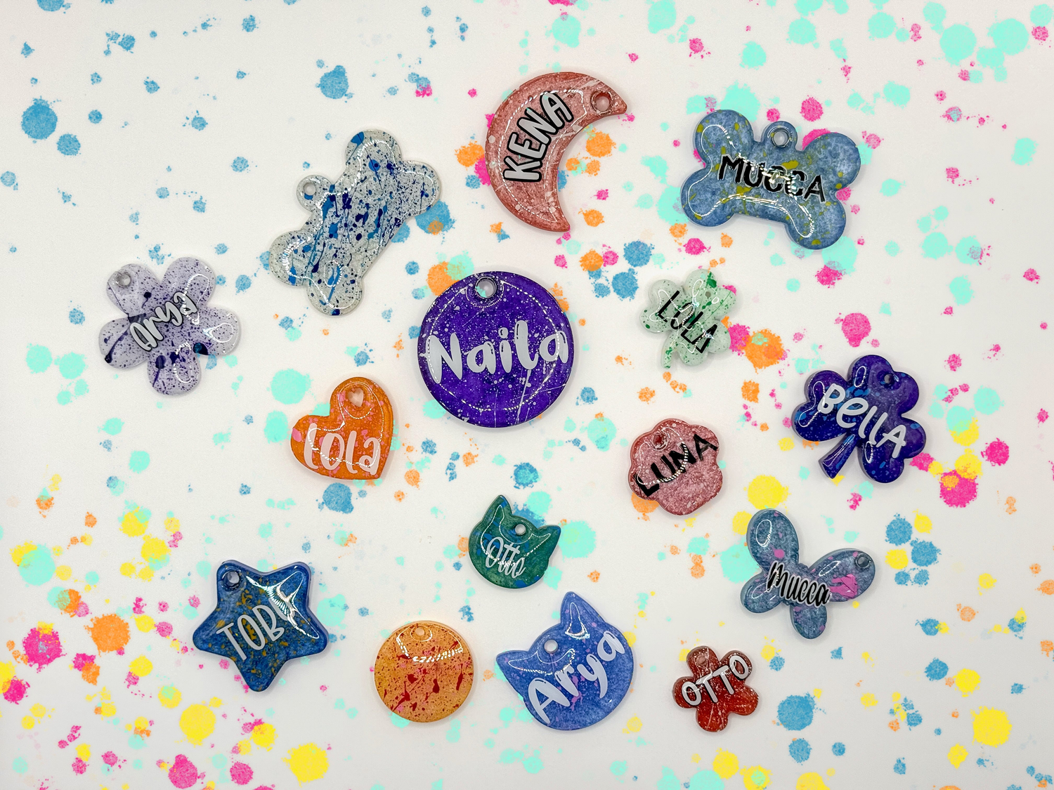 Placas personalizadas con splash de pintura acrilica y nombres de mascotas. Diseños coloridos y divertidos.