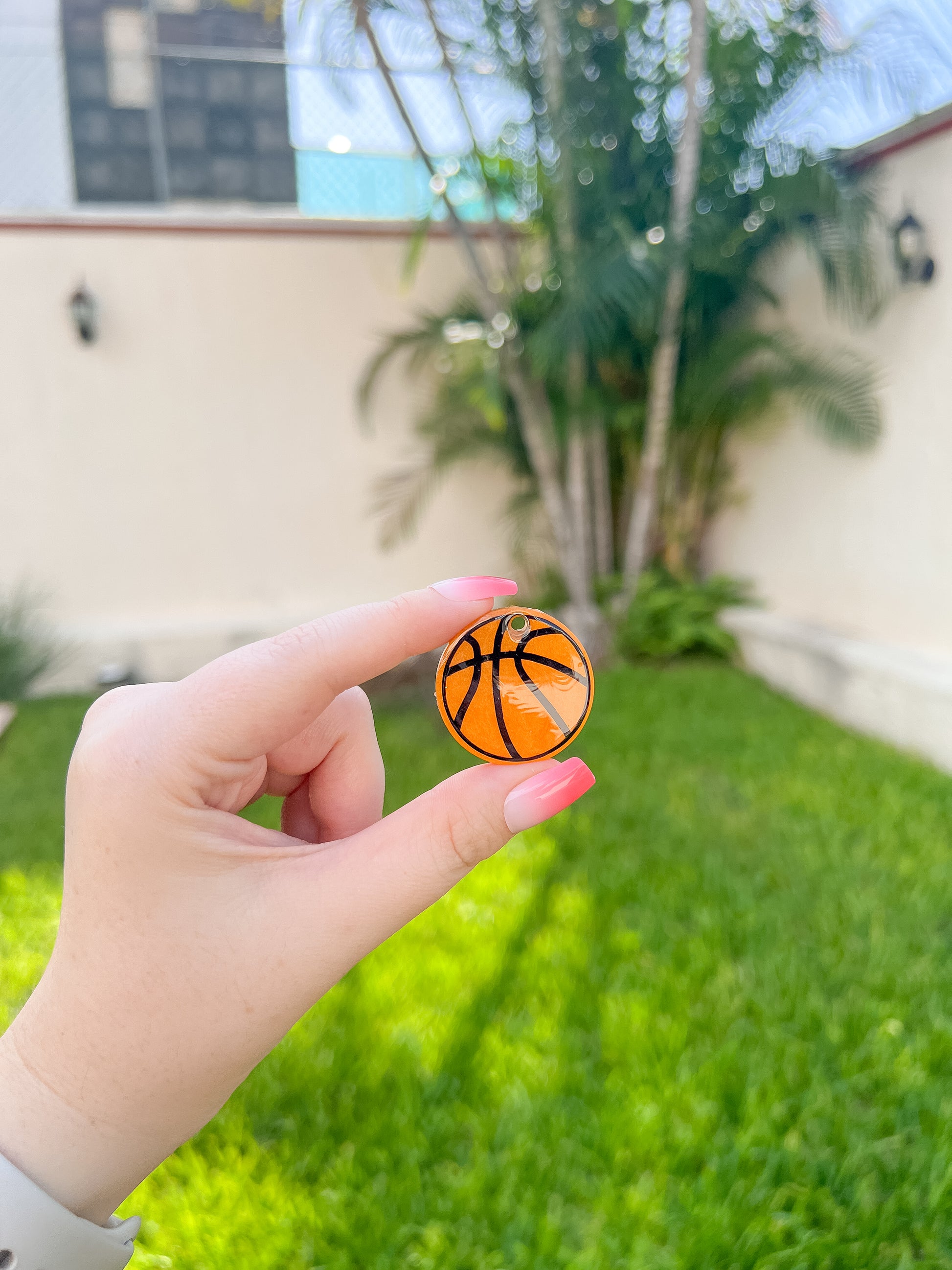 Placa redonda con diseño de pelota de basquetbol. Accesorio para mascotas deportistas.