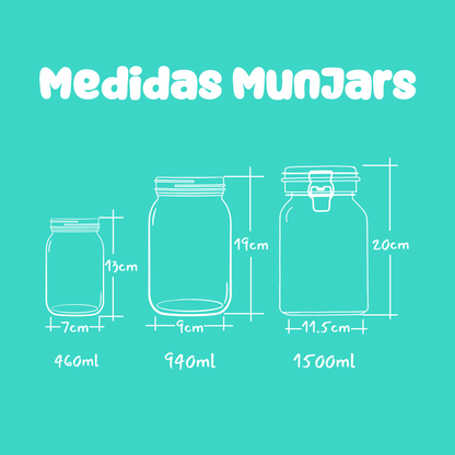 Gráfico informativo con medidas de frascos MunJars. Guía visual de tamaños para clientes.