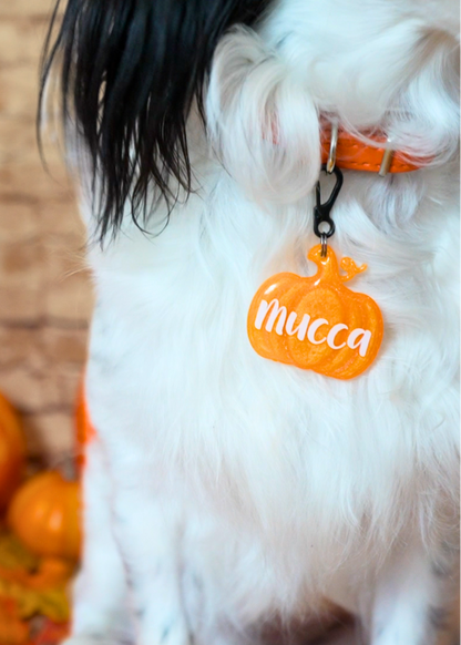 Placa de calabaza naranja con nombre Mucca para perro. Diseño temático de Halloween, vibrante y personalizado.