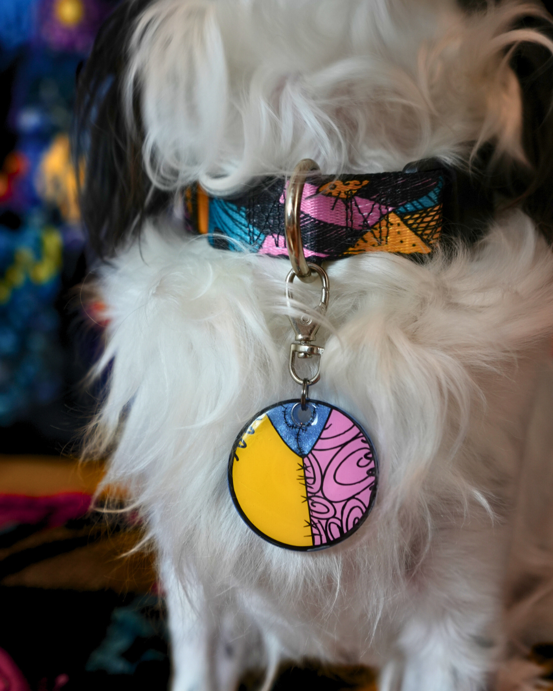 Placa redonda Sally colgando de collar con moño. Estilo único y colorido para tu perrito esta temporada.