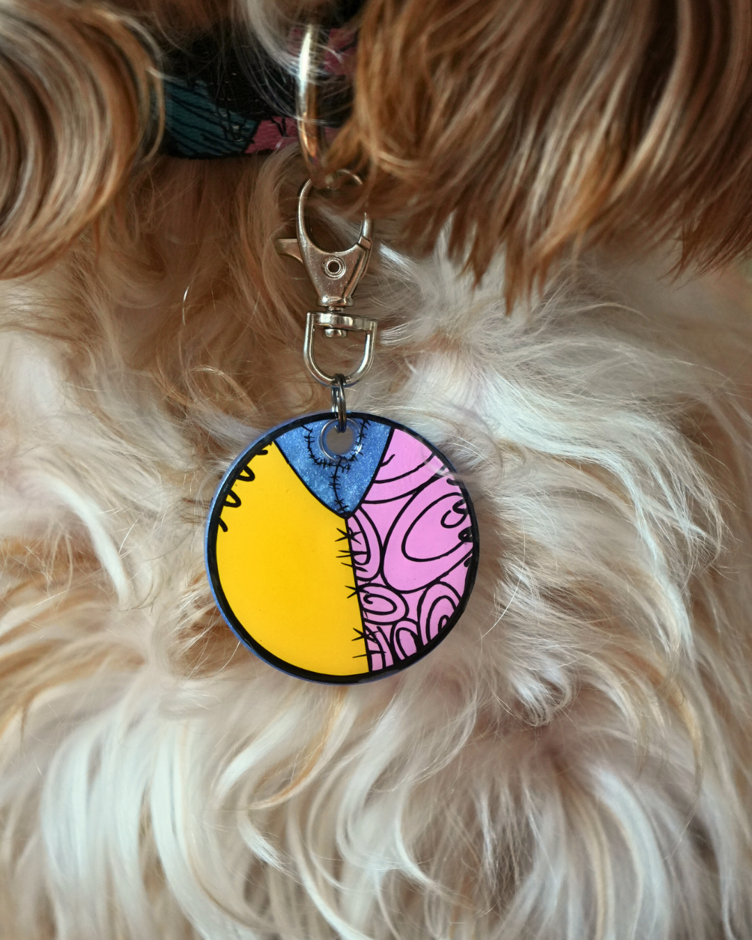 Detalle de placa Sally en collar de perrito. Inspiración en Halloween con un toque creativo.