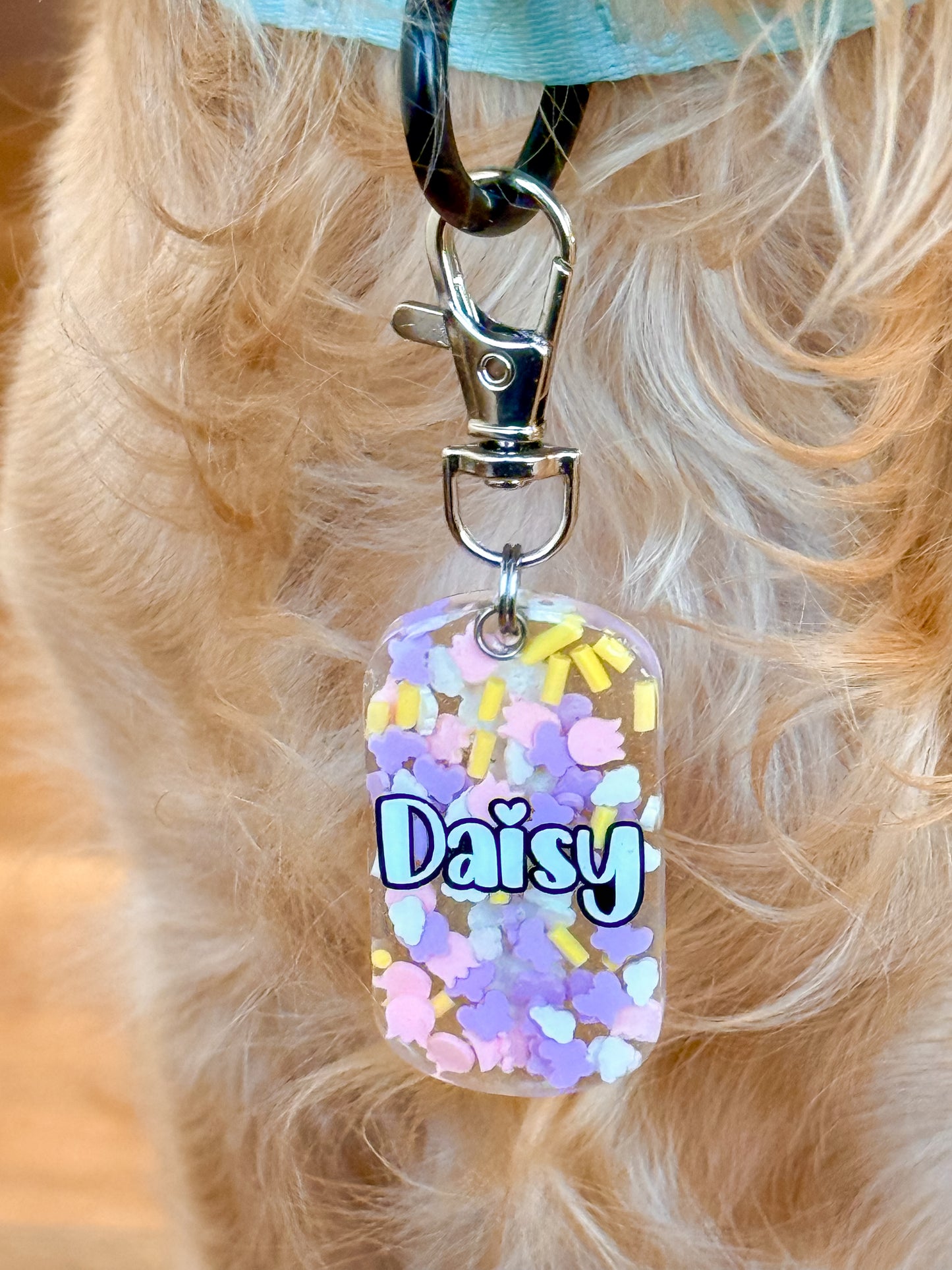 Placa personalizada rectangular con fondo confeti de mariposa y nombre Daisy. Estilo vibrante para perro mediano.