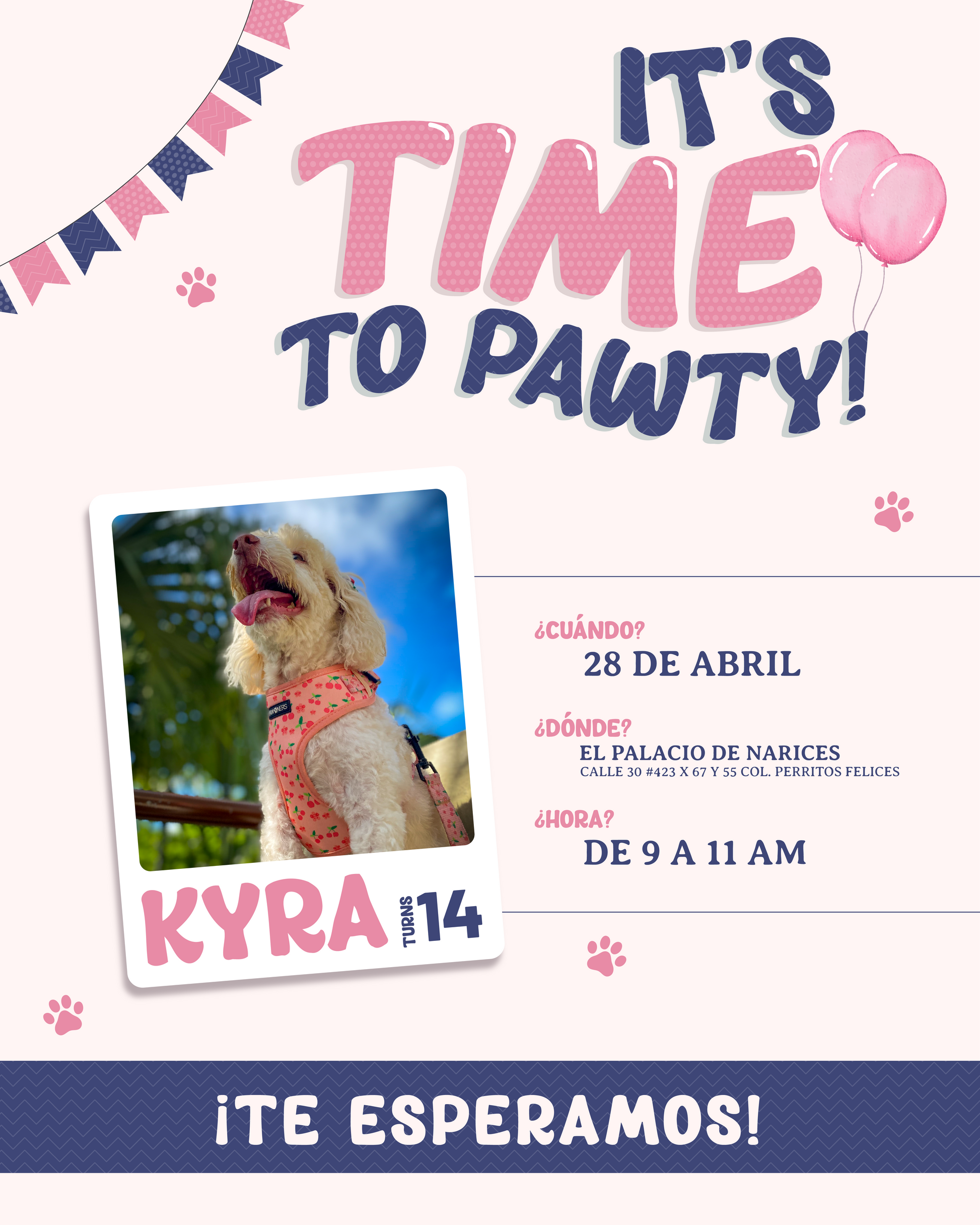 Invitación digital estilo “It’s Time to Pawty!” personalizada para evento de mascota. Diseño en tonos rosa.