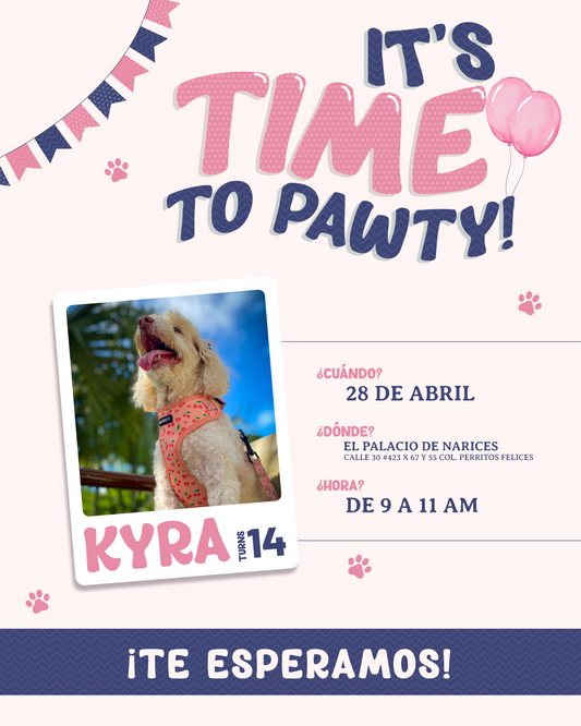 Invitación digital estilo “It’s Time to Pawty!” personalizada para evento de mascota. Diseño en tonos rosa.