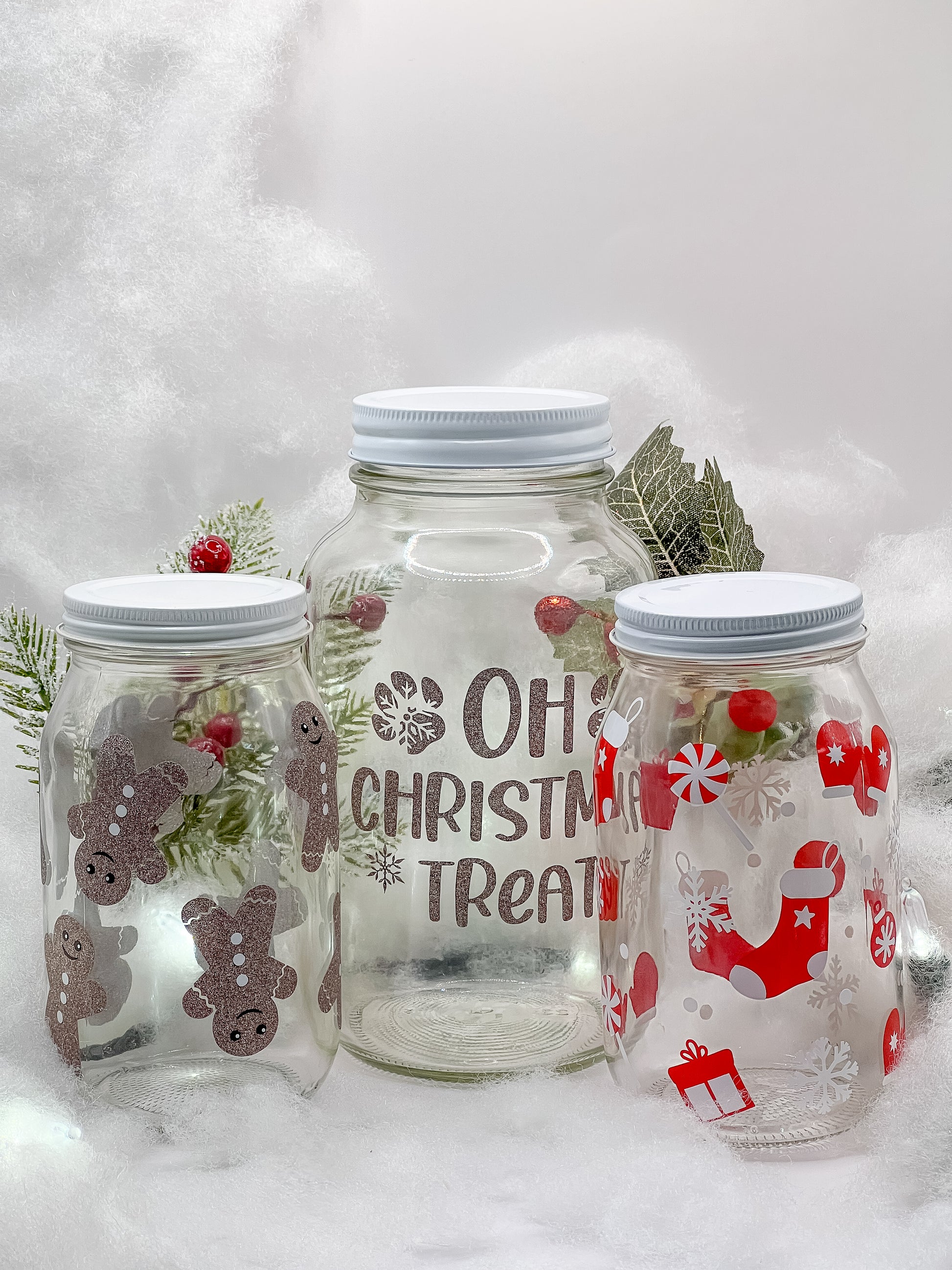 3 Frascos con diseño navideño. Contenedor decorativo para premios de perro