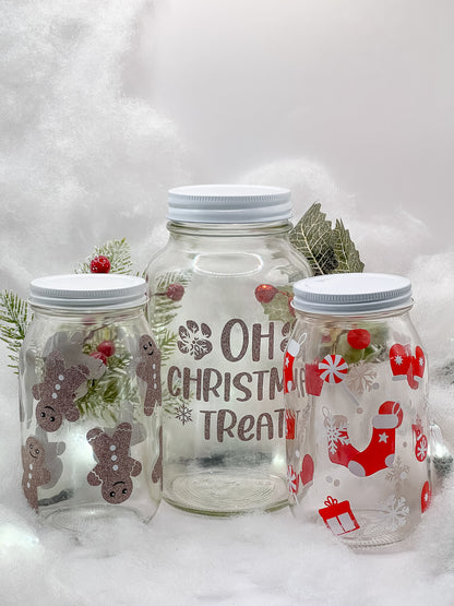 3 Frascos con diseño navideño. Contenedor decorativo para premios de perro