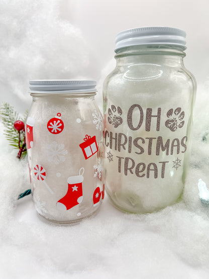 2 Frascos de vidrio con diseño navideño. Accesorio ideal para la temporada navideña.