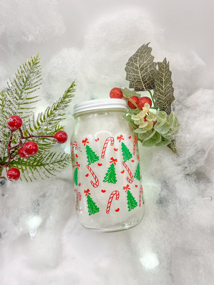 Frasco con diseño navideño de arbol de navidad verde y moños. Contenedor decorativo para premios de perro